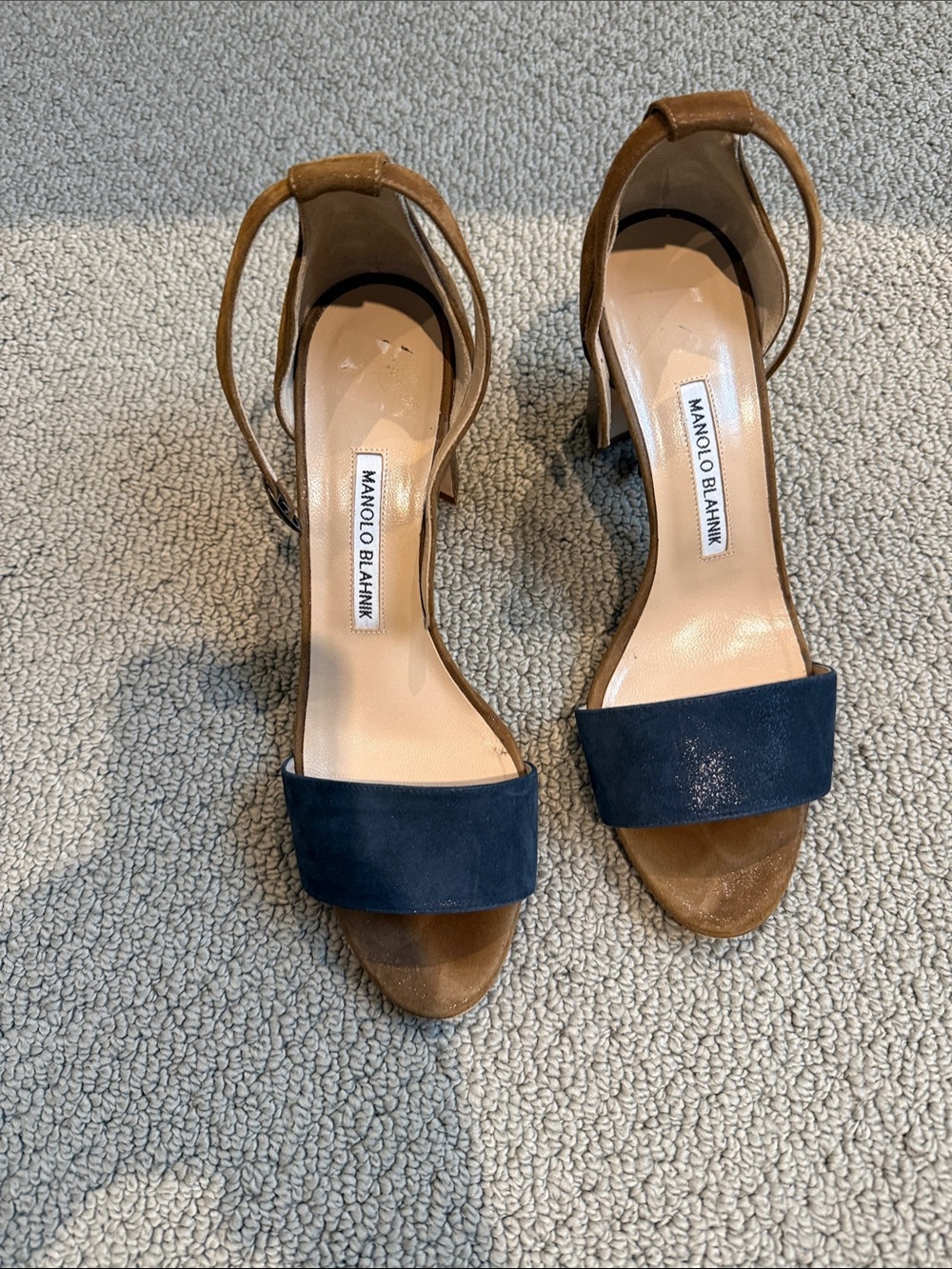 Manolo Blahnik Navy and Tan Suede Ankle-Strap Heels